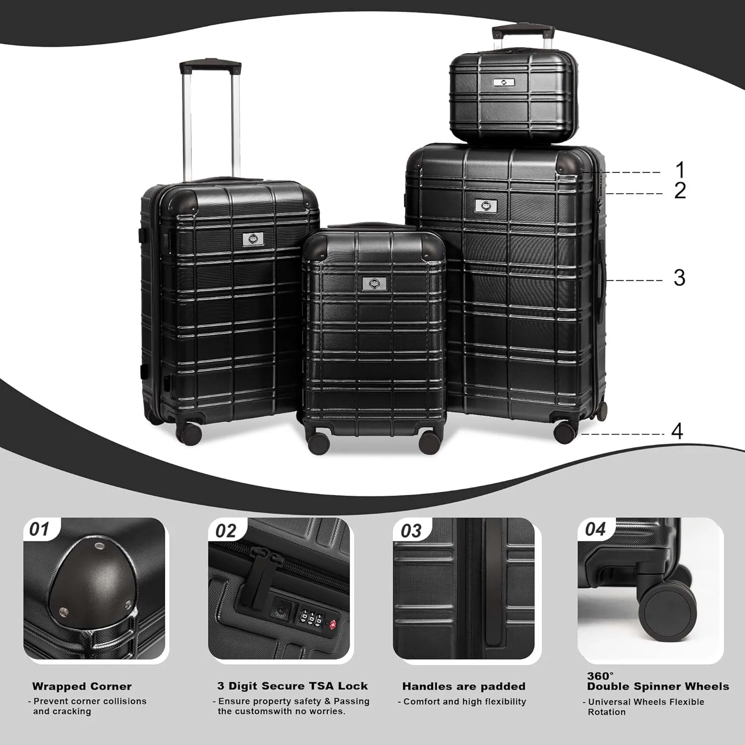 Luggage Set, 4pcs Luggage Sets, Hardside Expandable Suitcase with TSA Lock, Travel Luggage Set with Spinner Wheels, Lightweight Carry on Luggage, 12in/20in/24in/28in (Black)