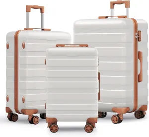 Luggage Sets 3 Piece Durable PC Hardside Luggage with Double Spinner Wheels, Tsa Lock, Lightweight Hardshell Carry On Travel Suitcase (White/Brown)