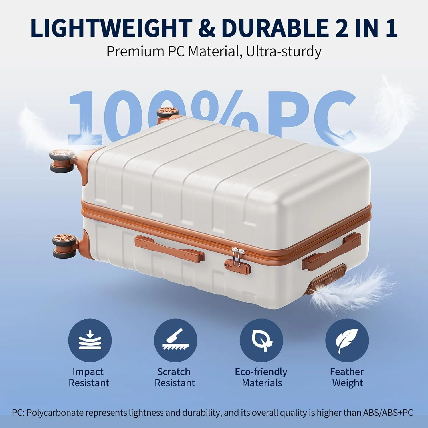 Luggage Sets 3 Piece Durable PC Hardside Luggage with Double Spinner Wheels, Tsa Lock, Lightweight Hardshell Carry On Travel Suitcase (White/Brown)