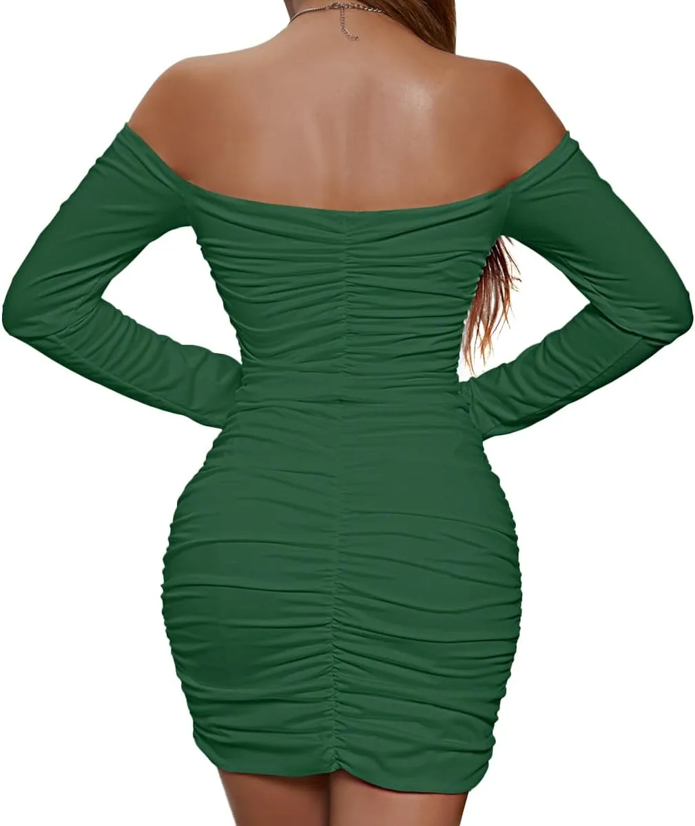 LYANER Women's Off Shoulder Ruched Long Sleeve Party Club Mini Bodycon Dress