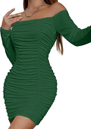 LYANER Women's Off Shoulder Ruched Long Sleeve Party Club Mini Bodycon Dress