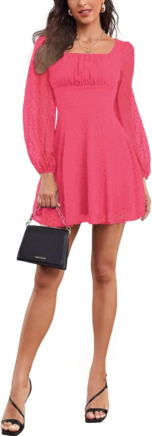 LYANER Women's Polka Dots Square Neck A line Long Sleeve Swiss Dots Mini Dress