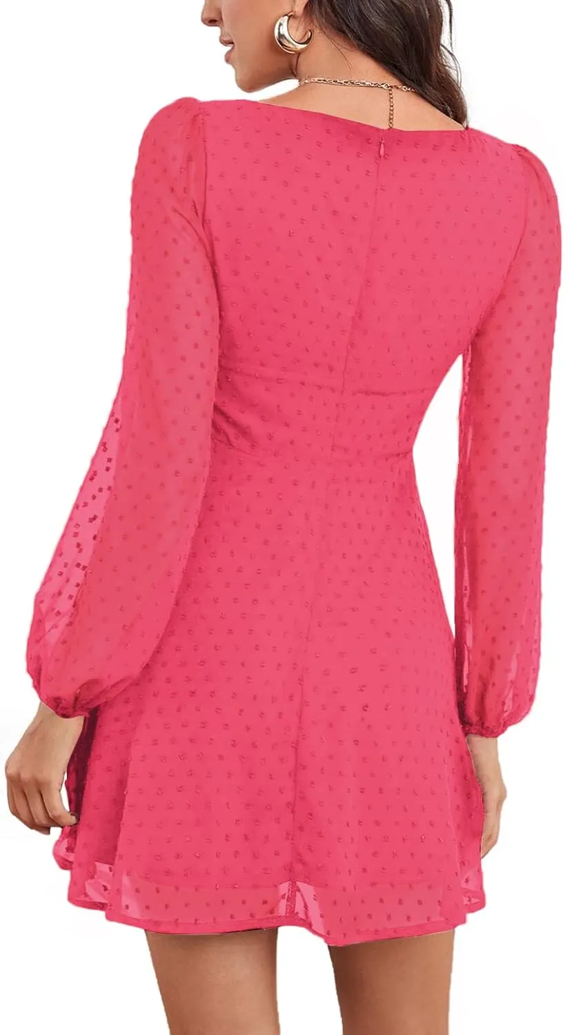 LYANER Women's Polka Dots Square Neck A line Long Sleeve Swiss Dots Mini Dress