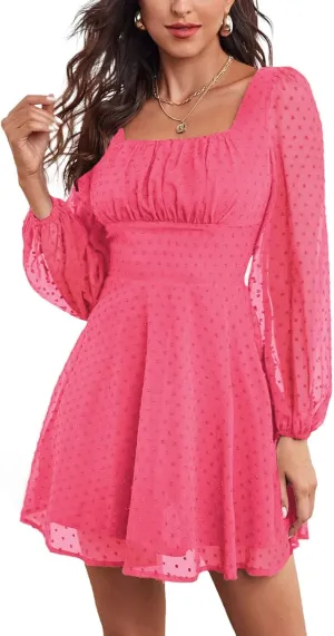 LYANER Women's Polka Dots Square Neck A line Long Sleeve Swiss Dots Mini Dress