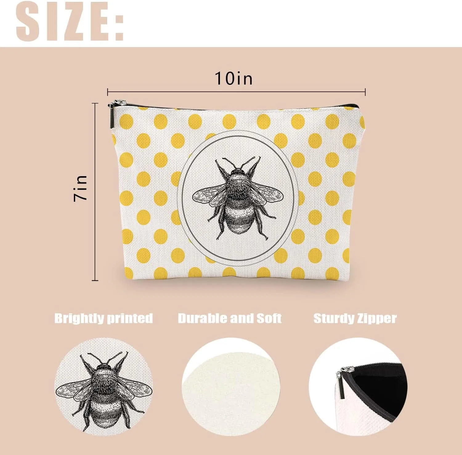 Makeup Bag Cosmetic Travel Makeup Bag Organizer Waterproof Makeup Pouch with Zipper Storage Cosmetic Pouch for Women 7x10in - Bee