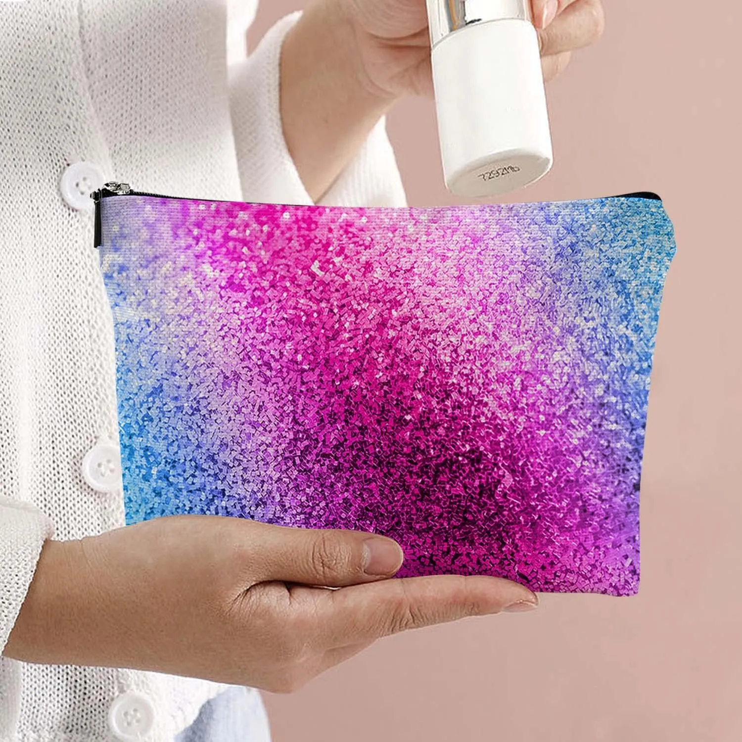 Makeup Bag Cosmetic Travel Makeup Bag Organizer Waterproof Makeup Pouch with Zipper Storage Cosmetic Pouch for Women 7x10in - Blue Pink Glitter