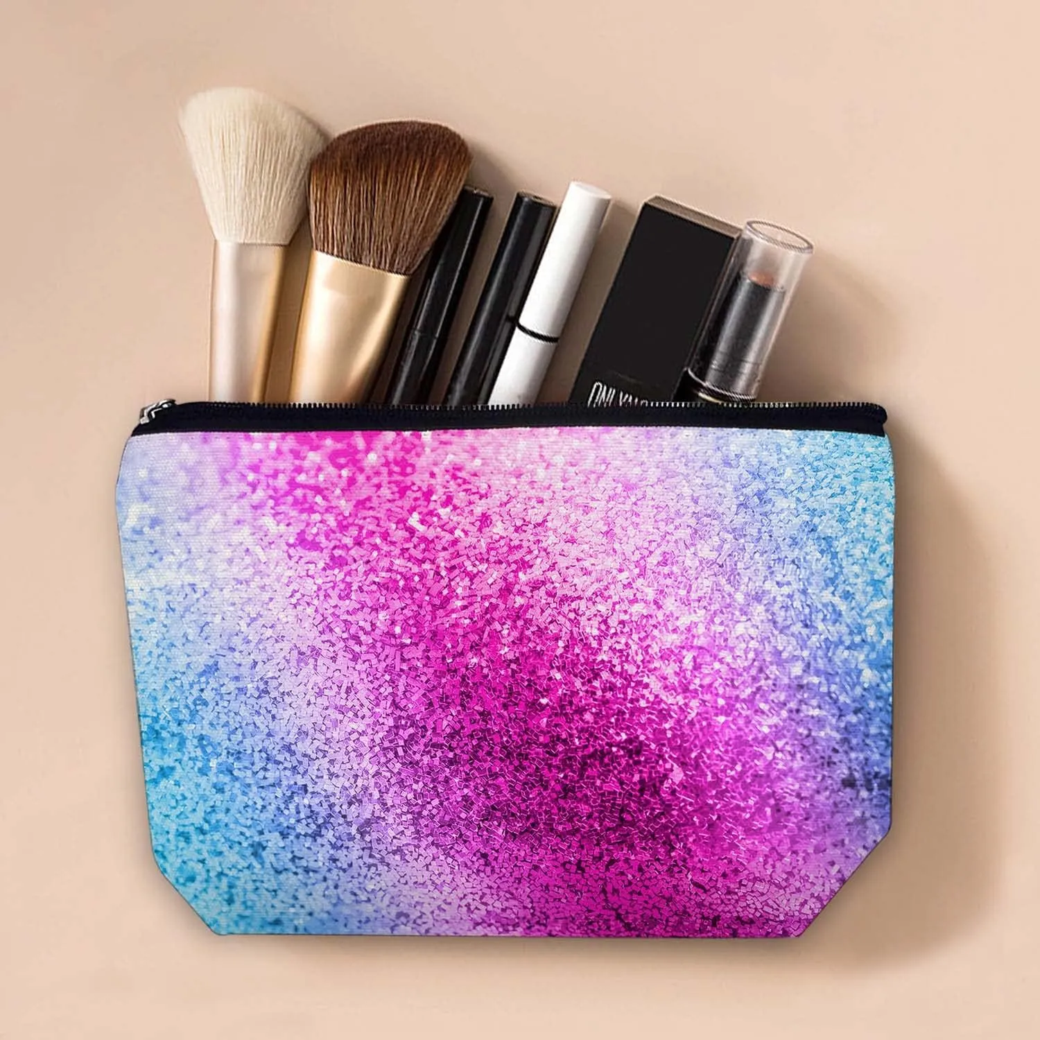 Makeup Bag Cosmetic Travel Makeup Bag Organizer Waterproof Makeup Pouch with Zipper Storage Cosmetic Pouch for Women 7x10in - Blue Pink Glitter