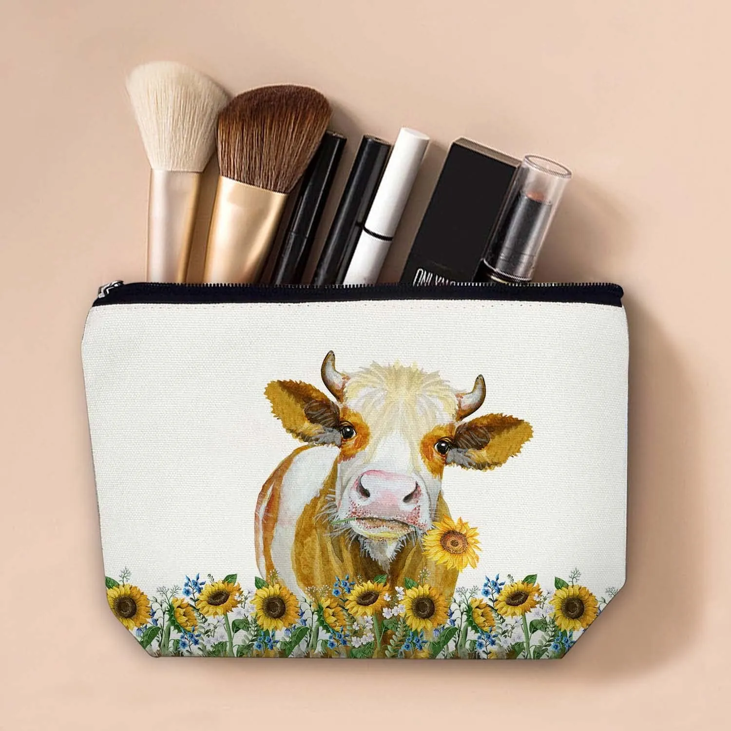 Makeup Bag Cosmetic Travel Makeup Bag Organizer Waterproof Makeup Pouch with Zipper Storage Cosmetic Pouch for Women 7x10in - Farmhouse Sunflower Cow