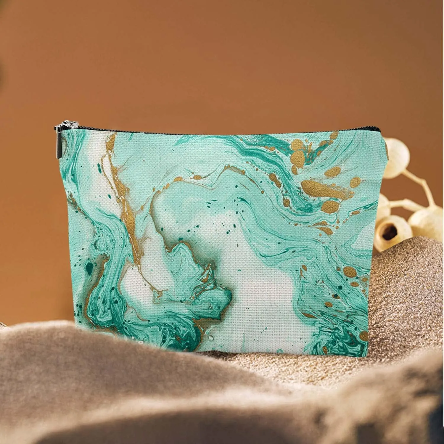 Makeup Bag Cosmetic Travel Makeup Bag Organizer Waterproof Makeup Pouch with Zipper Storage Cosmetic Pouch for Women 7x10in - Teal Marble Pattern