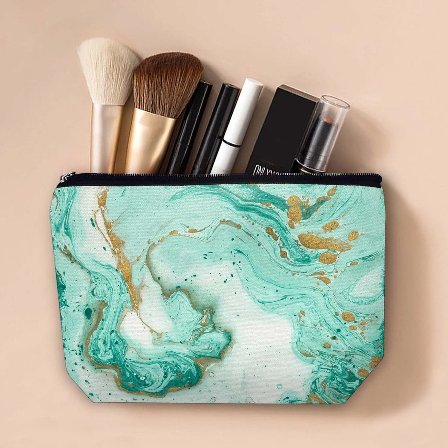 Makeup Bag Cosmetic Travel Makeup Bag Organizer Waterproof Makeup Pouch with Zipper Storage Cosmetic Pouch for Women 7x10in - Teal Marble Pattern
