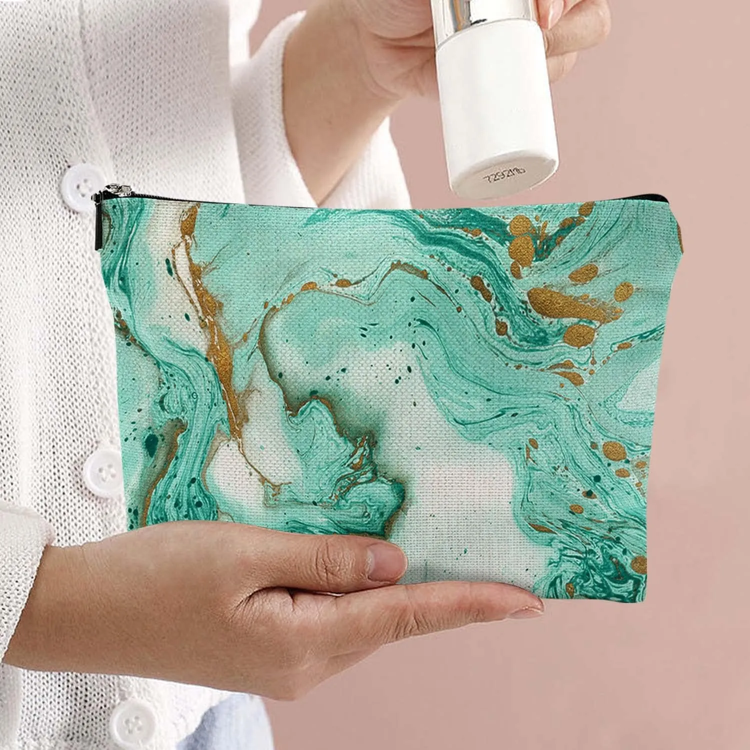 Makeup Bag Cosmetic Travel Makeup Bag Organizer Waterproof Makeup Pouch with Zipper Storage Cosmetic Pouch for Women 7x10in - Teal Marble Pattern