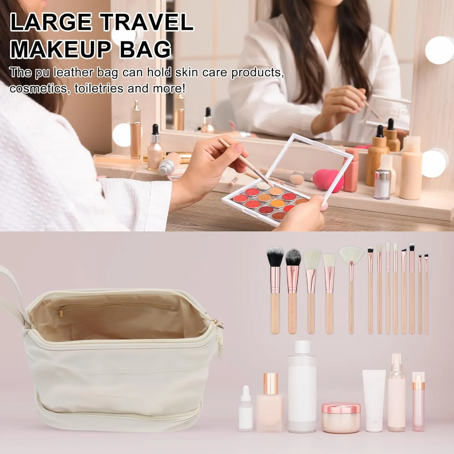 Makeup Bag, Double Layer Travel Cosmetic Bag for Women, Toiletry Bag, Waterproof and Durable Make Up Bag with Makeup Brush Storage Bag, Beige