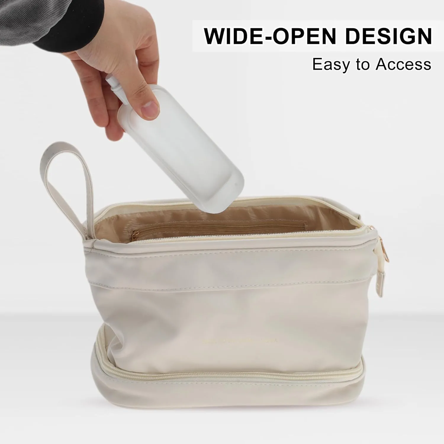 Makeup Bag, Double Layer Travel Cosmetic Bag for Women, Toiletry Bag, Waterproof and Durable Make Up Bag with Makeup Brush Storage Bag, Beige
