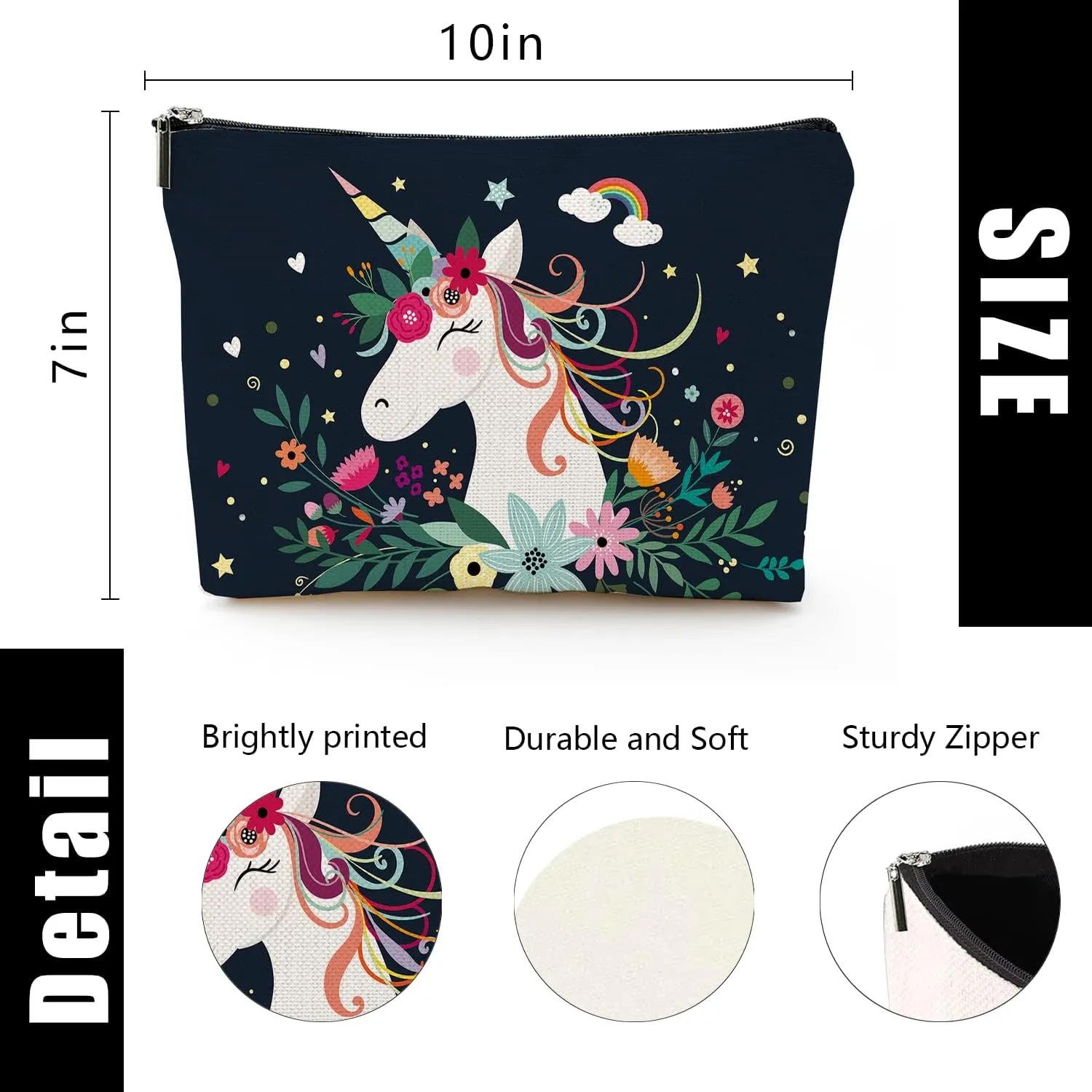 Makeup Bag for Women Travel Makeup Bag Large Cosmetic Bag Zipper Pouch Toiletry Bags Makeup Organizer Bag 7X10in - Cartoon Unicorn Black