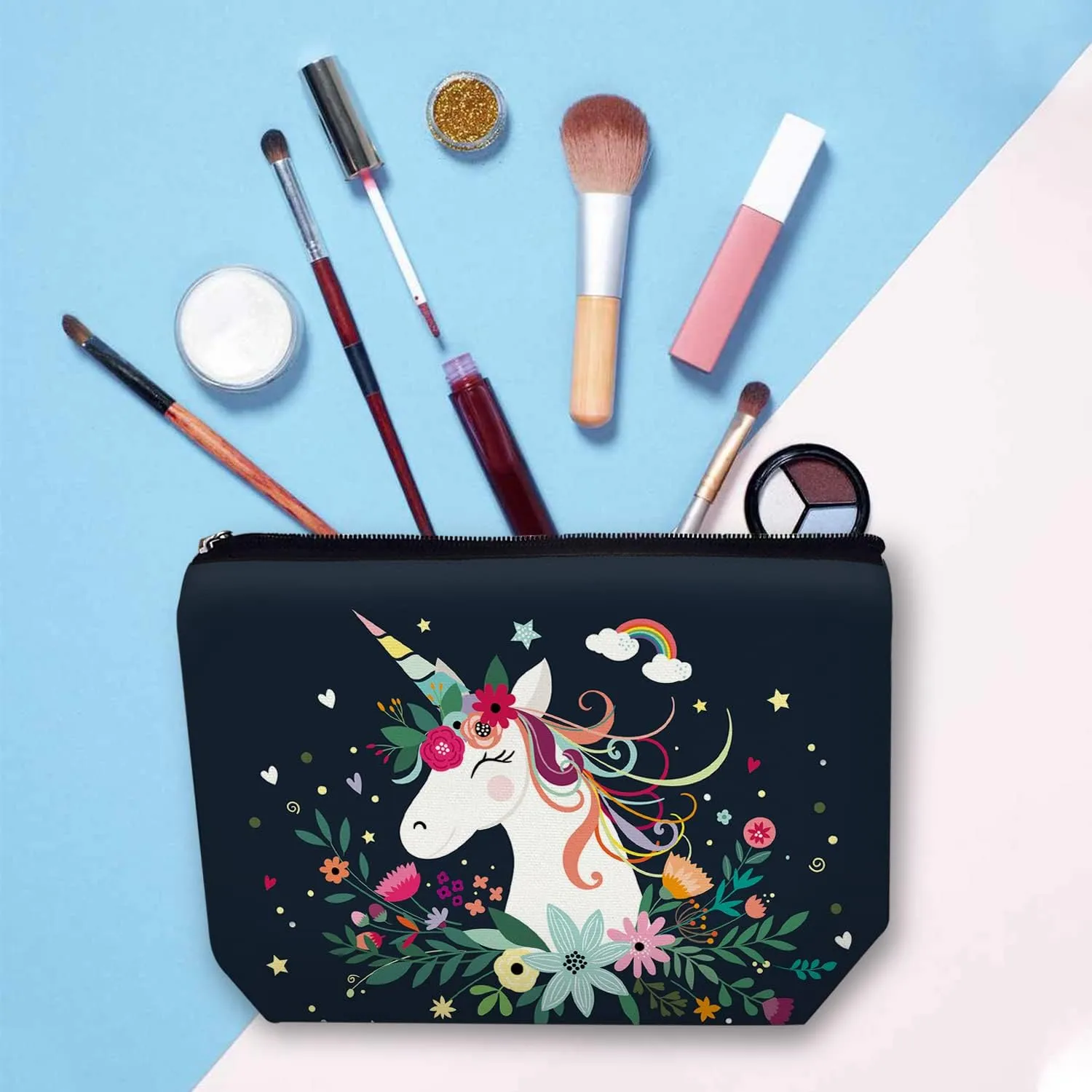 Makeup Bag for Women Travel Makeup Bag Large Cosmetic Bag Zipper Pouch Toiletry Bags Makeup Organizer Bag 7X10in - Cartoon Unicorn Black