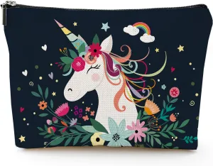 Makeup Bag for Women Travel Makeup Bag Large Cosmetic Bag Zipper Pouch Toiletry Bags Makeup Organizer Bag 7X10in - Cartoon Unicorn Black
