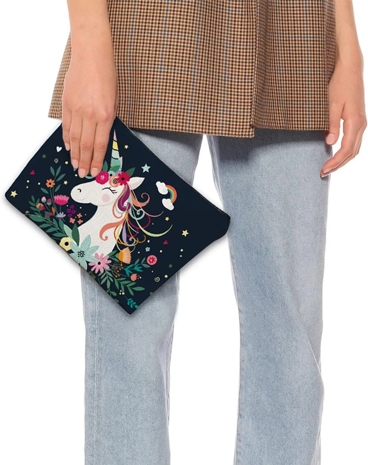 Makeup Bag for Women Travel Makeup Bag Large Cosmetic Bag Zipper Pouch Toiletry Bags Makeup Organizer Bag 7X10in - Cartoon Unicorn Black