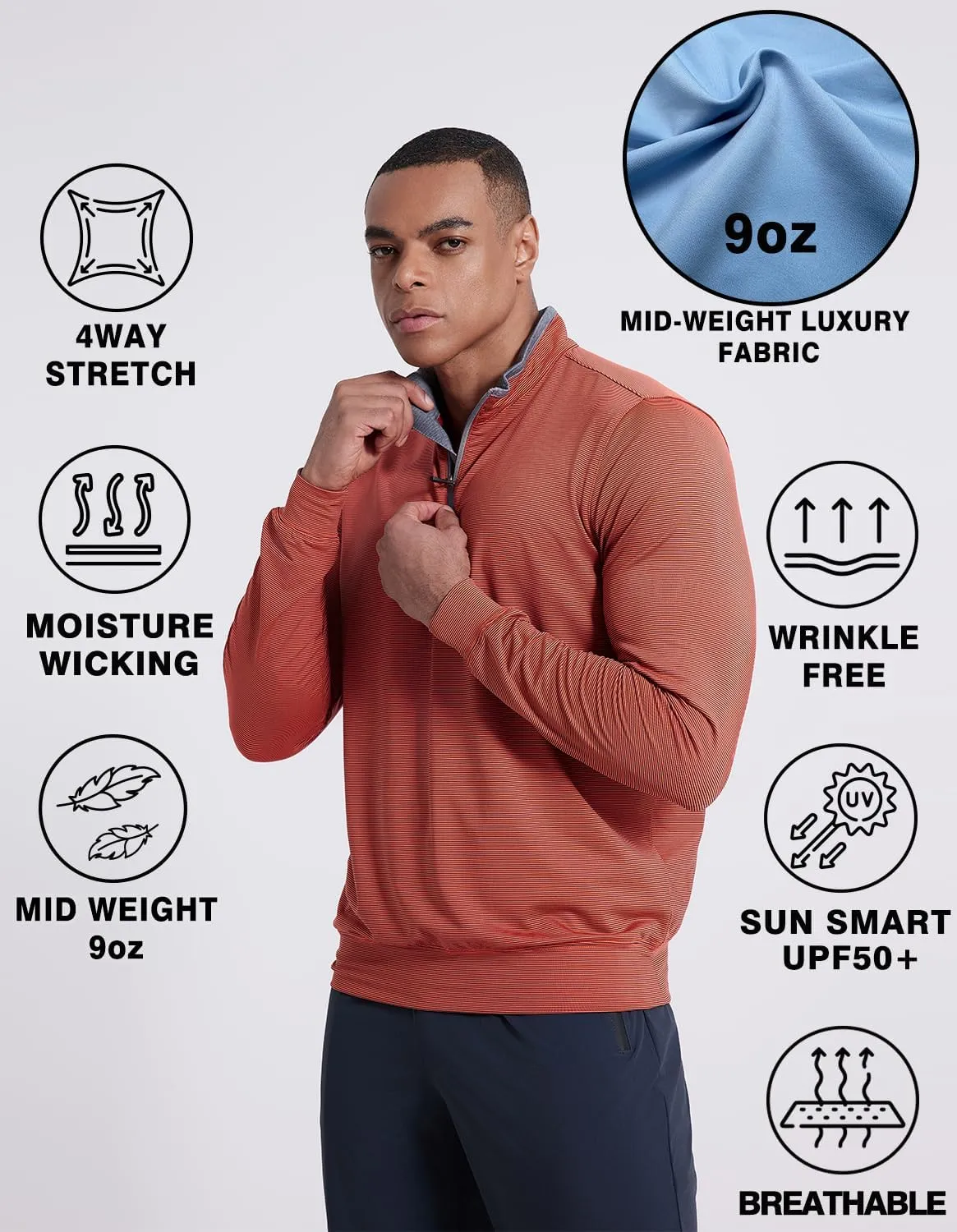 Men's 1/4 Zip Pullover UPF 50  Long Sleeve Golf Shirts Sun Protection Quick-Dry Athletic Sports Pullover Tops