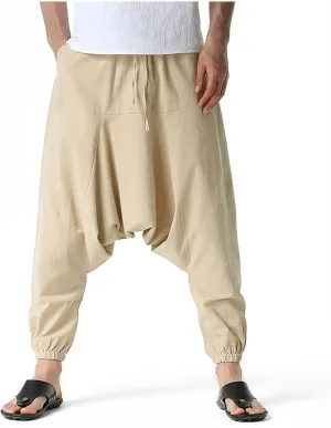 Mens Baggy Harem Pants Drawstring Waist Hippie Anime Pant Solid Color Casual Drop Crotch Wide Leg Trousers