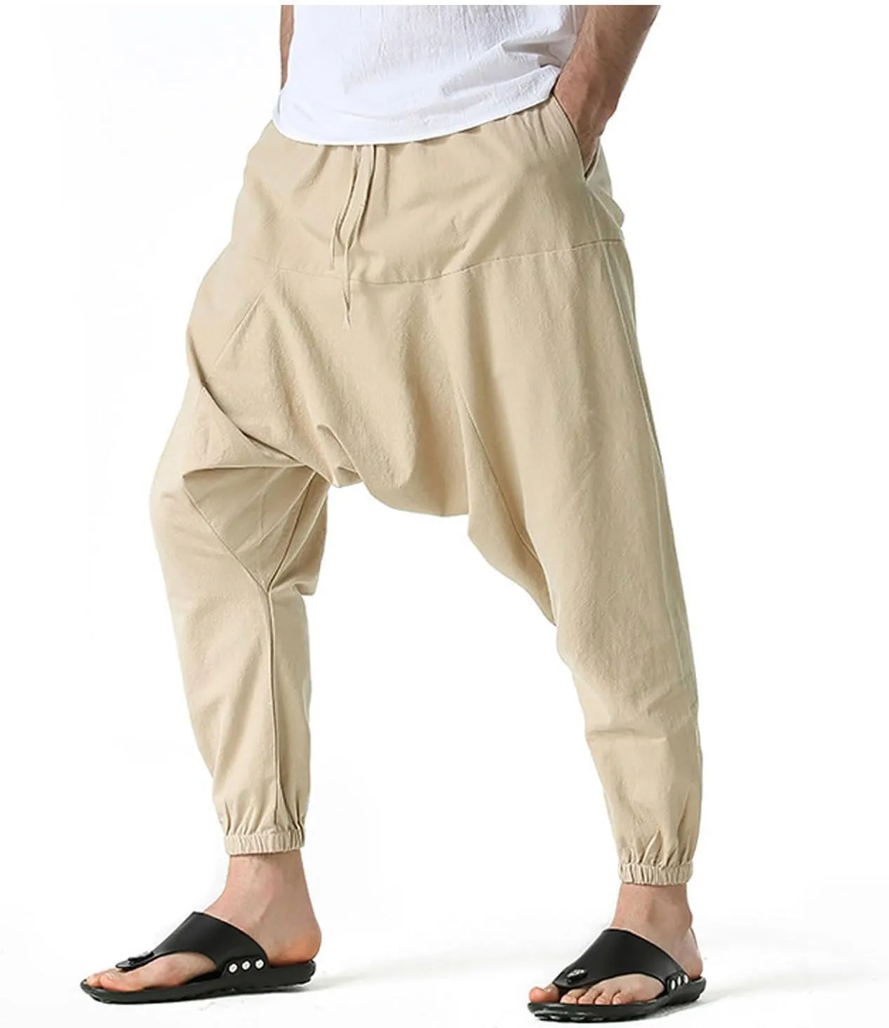 Mens Baggy Harem Pants Drawstring Waist Hippie Anime Pant Solid Color Casual Drop Crotch Wide Leg Trousers