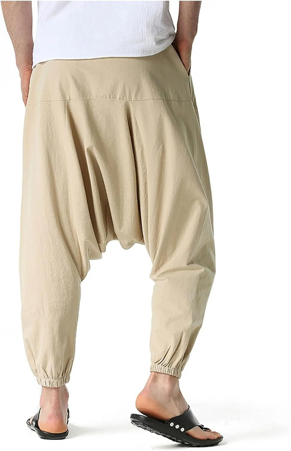 Mens Baggy Harem Pants Drawstring Waist Hippie Anime Pant Solid Color Casual Drop Crotch Wide Leg Trousers