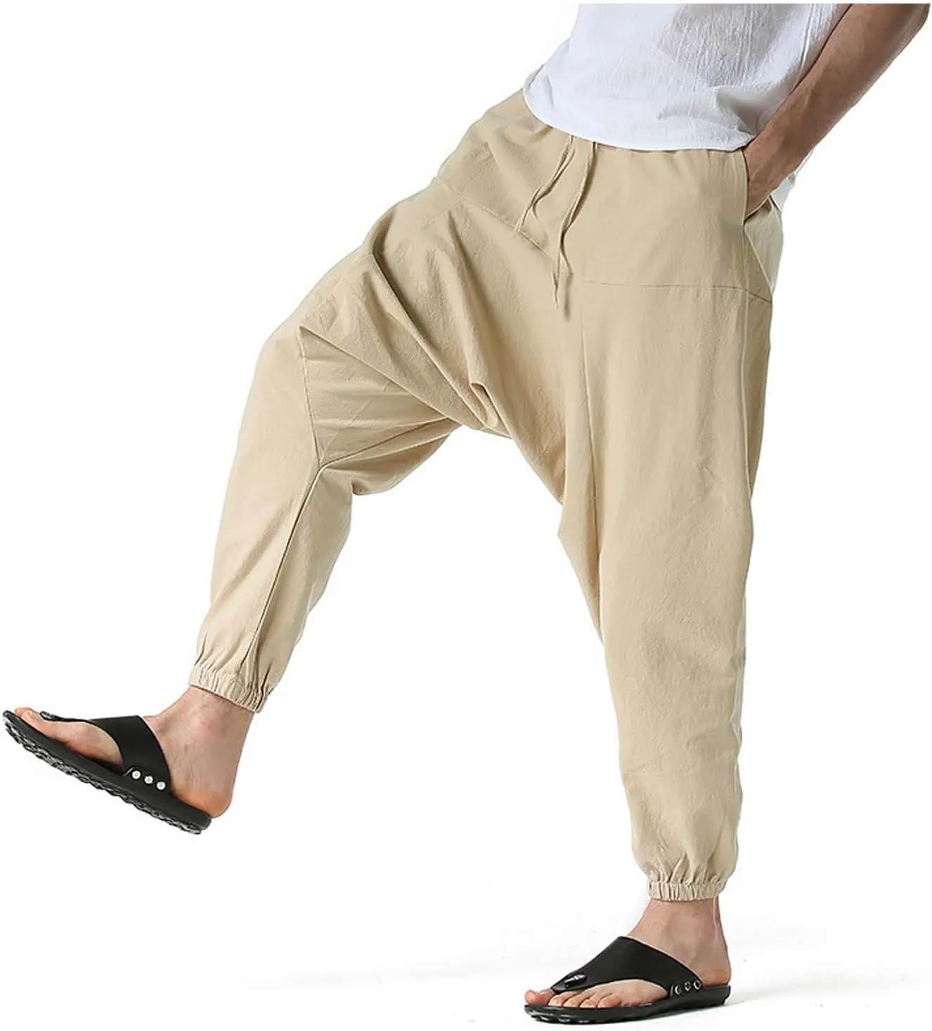 Mens Baggy Harem Pants Drawstring Waist Hippie Anime Pant Solid Color Casual Drop Crotch Wide Leg Trousers