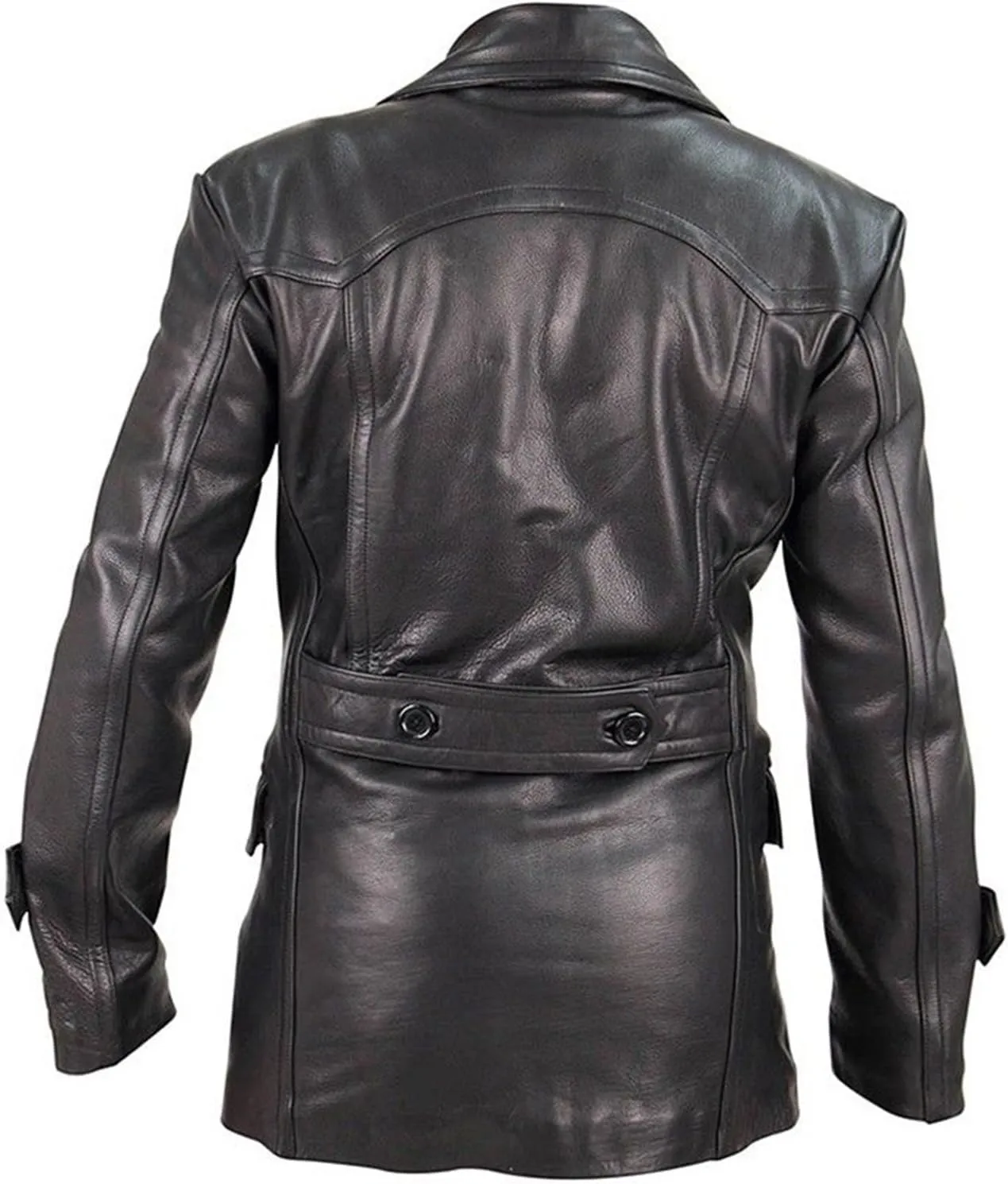 Mens Black Genuine Leather Trench Coat - Vintage German Officer WW2 Military Pea Coat Long Uniform Coat
