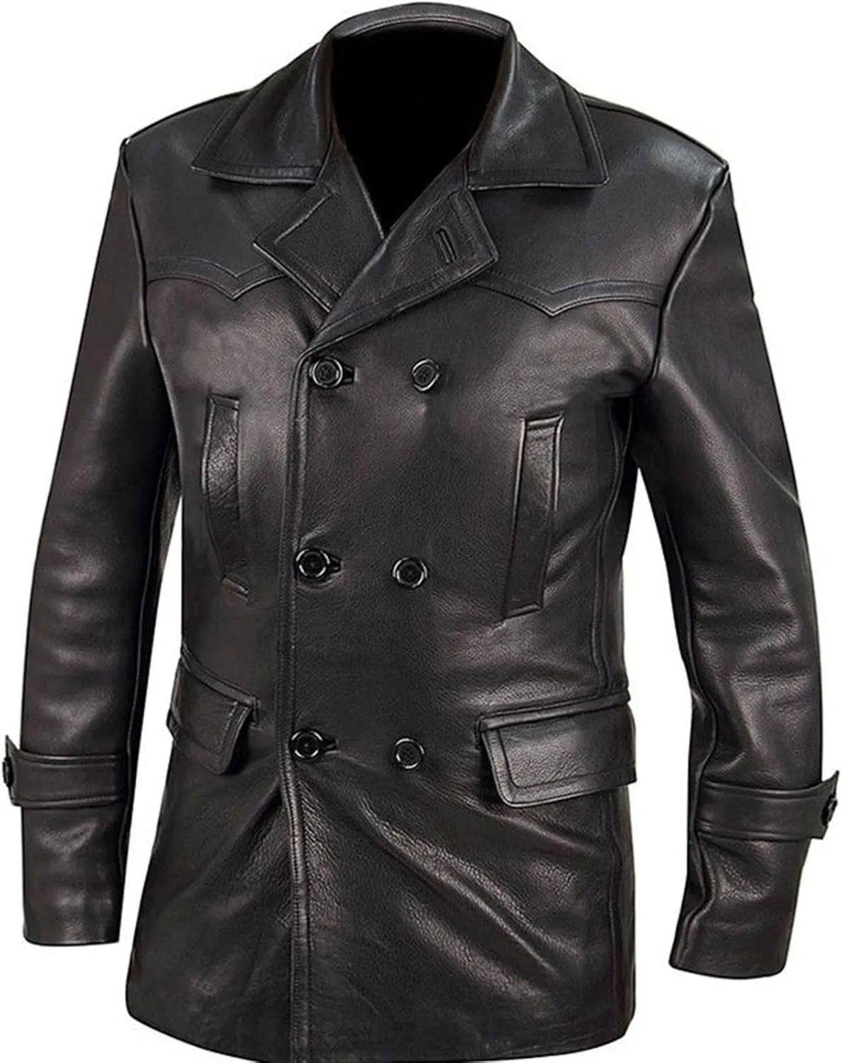Mens Black Genuine Leather Trench Coat - Vintage German Officer WW2 Military Pea Coat Long Uniform Coat