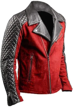 Mens Brando Quilted Leather Sleeves Blue & Black Denim Motorcycle Biker Jacket