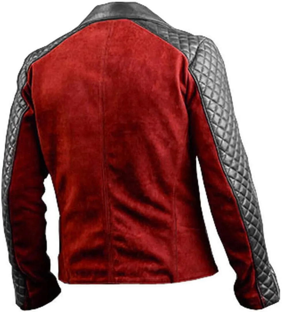 Mens Brando Quilted Leather Sleeves Blue & Black Denim Motorcycle Biker Jacket