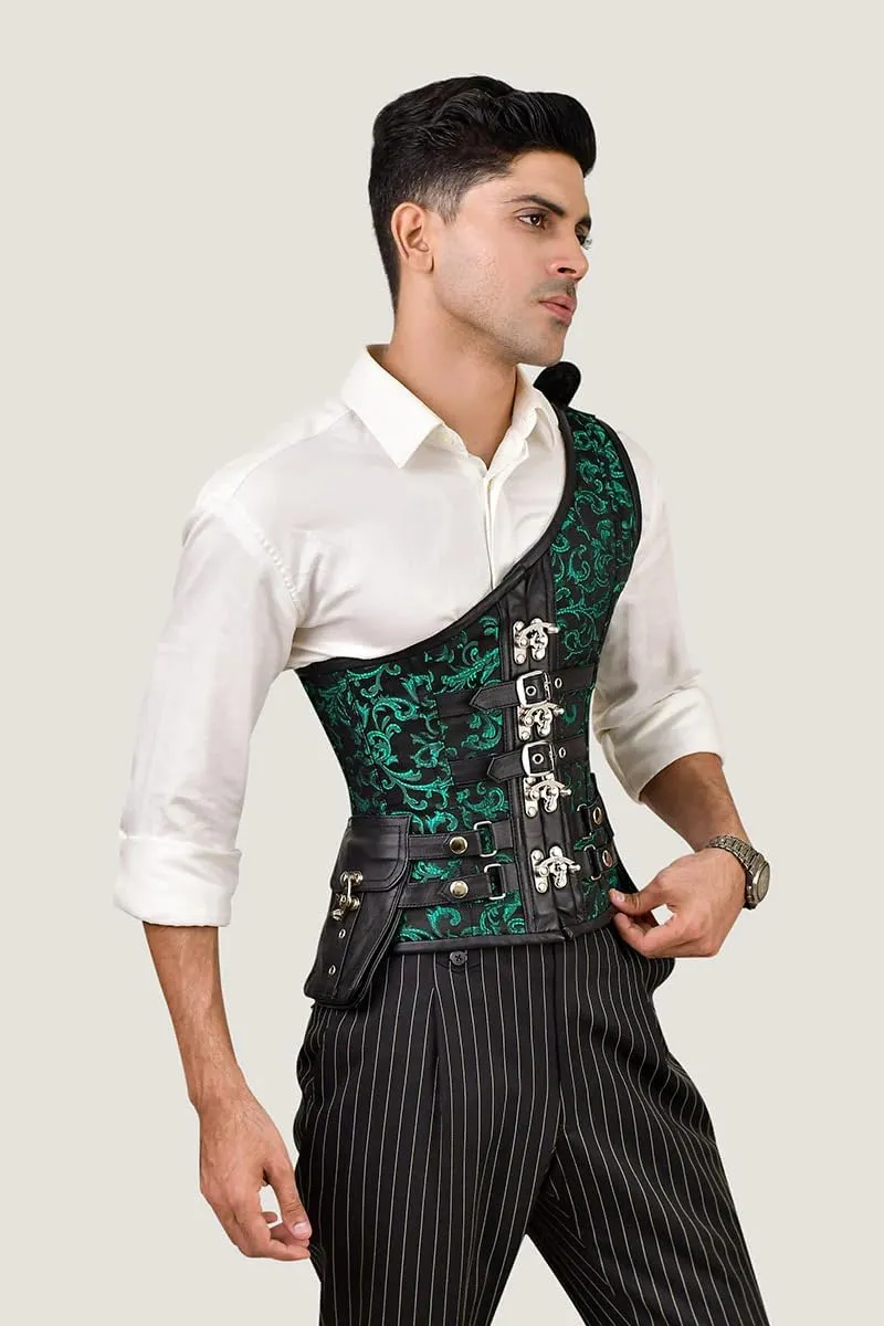 Men's Brocade Corset Vest with Shoulder Strap  Steel-Boned Waist Trainer for Body Shaping and Posture Support