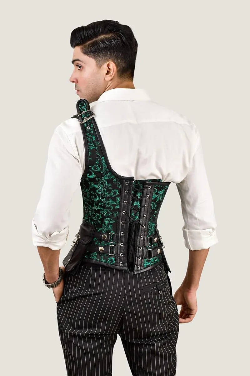 Men's Brocade Corset Vest with Shoulder Strap  Steel-Boned Waist Trainer for Body Shaping and Posture Support