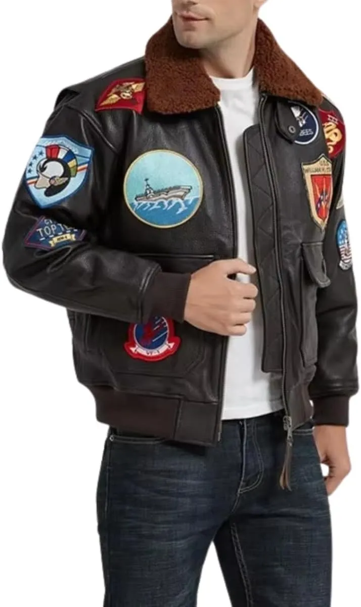Mens Classic Aviator USAAF G1 Bomber Jacket  Flying Pilot Leather Jacket with Removable Fur Collar