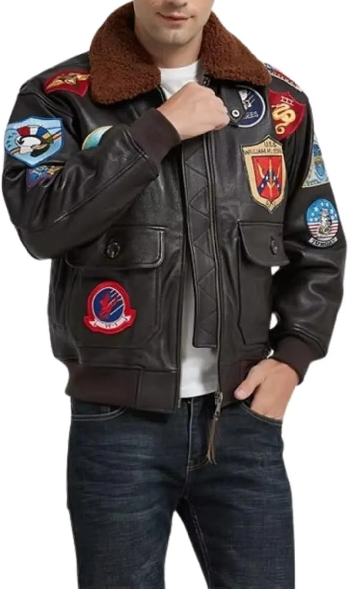 Mens Classic Aviator USAAF G1 Bomber Jacket  Flying Pilot Leather Jacket with Removable Fur Collar