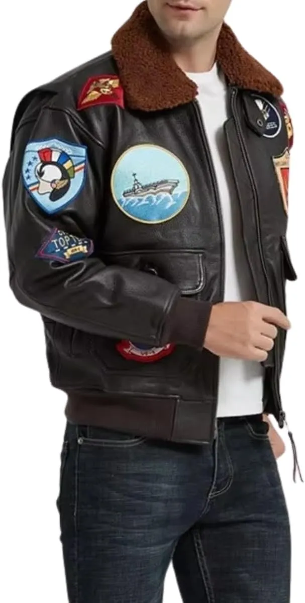 Mens Classic Aviator USAAF G1 Bomber Jacket  Flying Pilot Leather Jacket with Removable Fur Collar