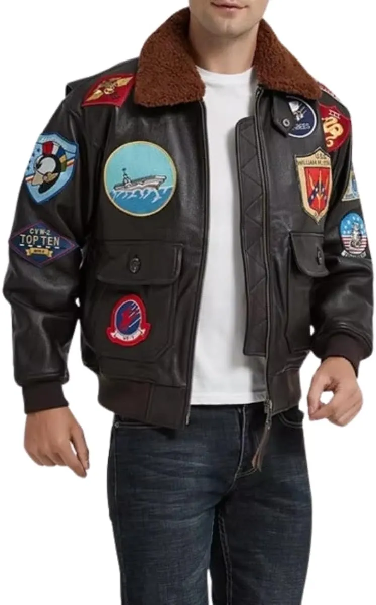 Mens Classic Aviator USAAF G1 Bomber Jacket  Flying Pilot Leather Jacket with Removable Fur Collar
