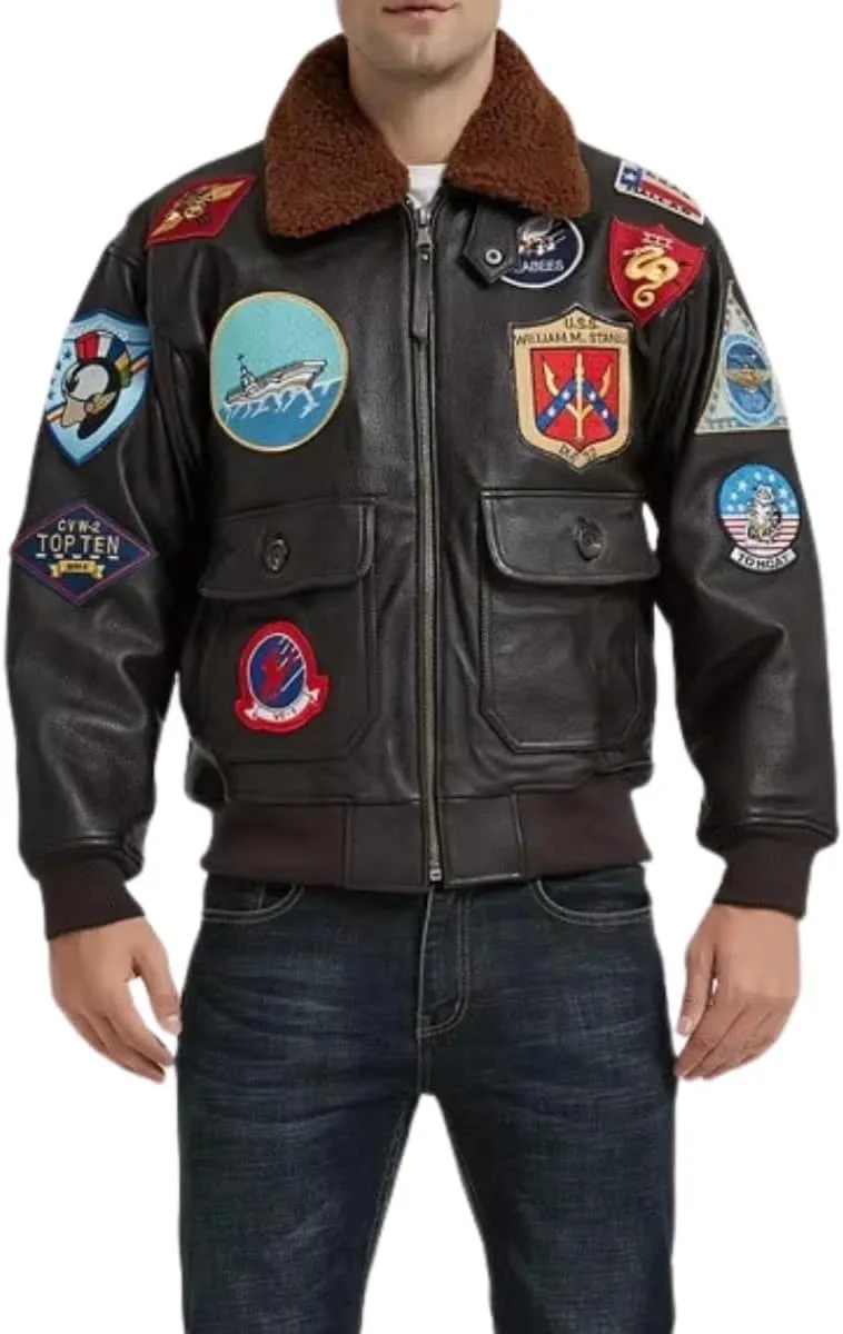 Mens Classic Aviator USAAF G1 Bomber Jacket  Flying Pilot Leather Jacket with Removable Fur Collar
