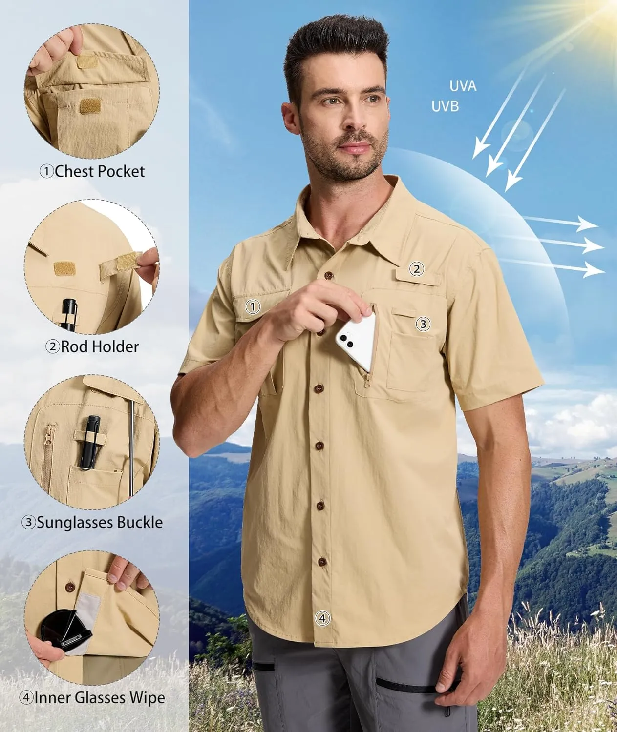 Men's Fishing Shirt Sun Protection Short Sleeve Cooling Button Down Shirts for Hiking Travel
