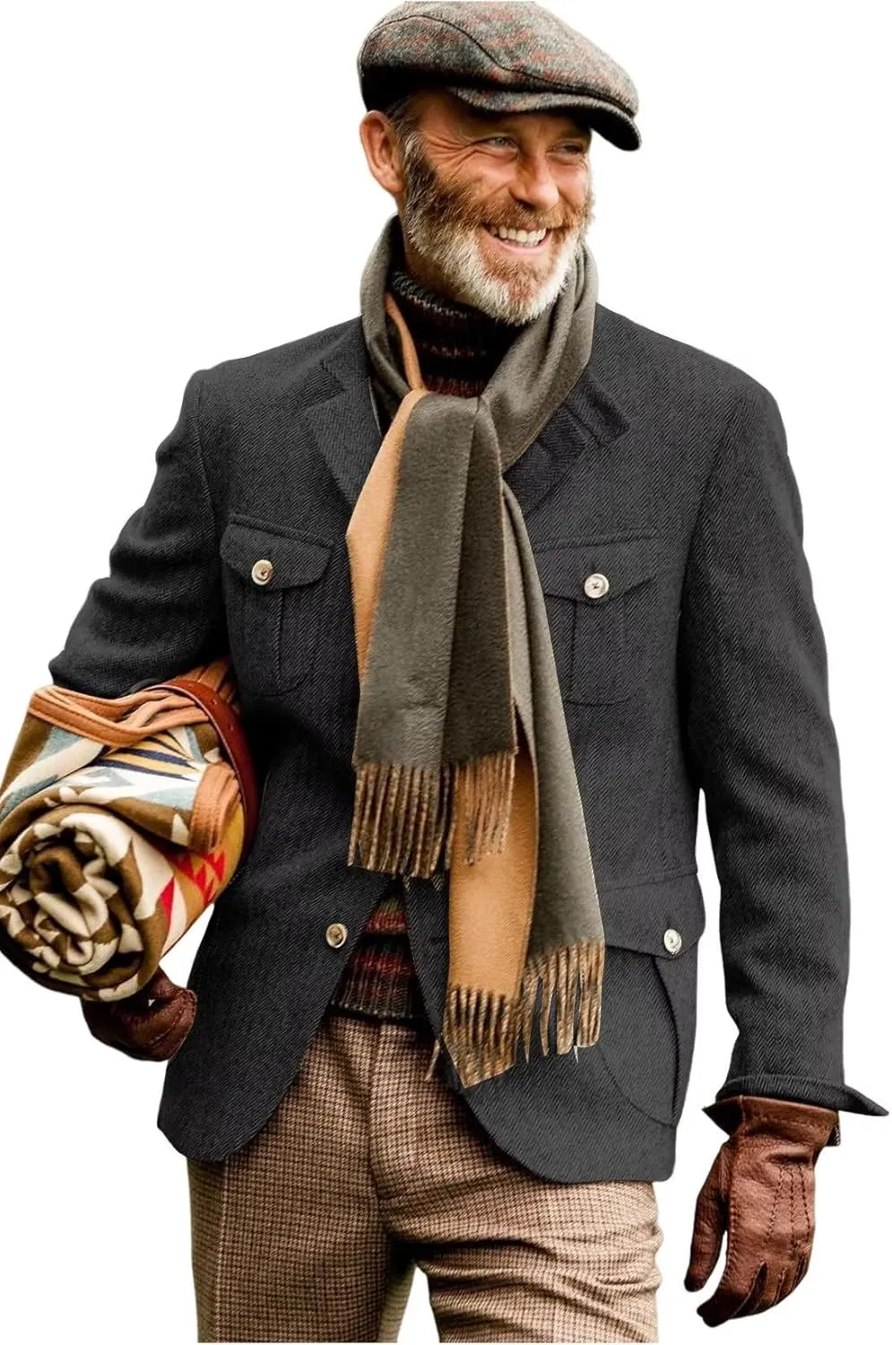 Men's Herringbone Jacket Casual Vintage Sport Coat Wedding Dinner Blazer