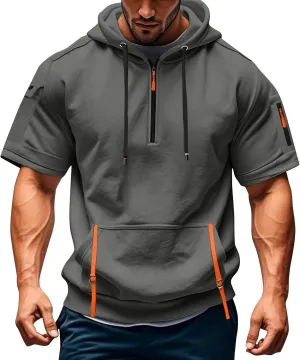 Mens Shirts Hoodies for Men Short Sleeve Quarter Zip Hoodie Lightweight Oversized Hooded Tshirts with Pocket