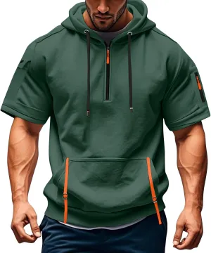 Mens Shirts Hoodies for Men Short Sleeve Quarter Zip Hoodie Lightweight Oversized Hooded Tshirts with Pocket