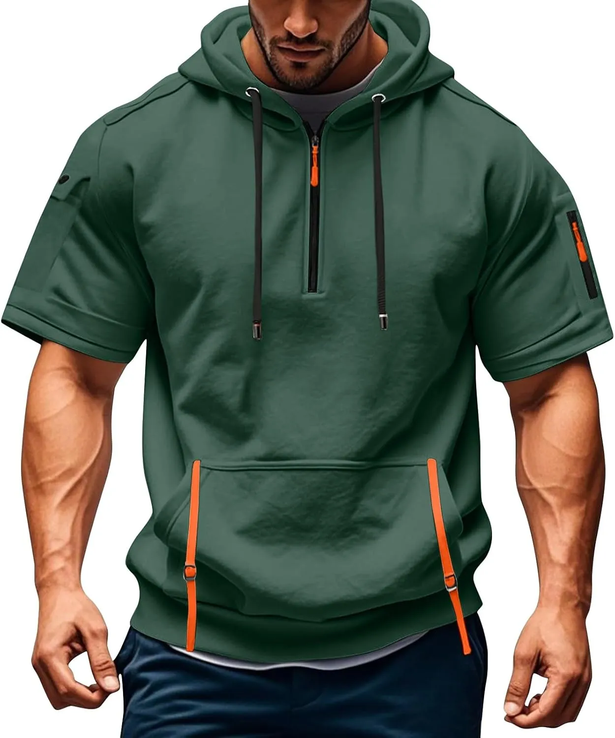 Mens Shirts Hoodies for Men Short Sleeve Quarter Zip Hoodie Lightweight Oversized Hooded Tshirts with Pocket
