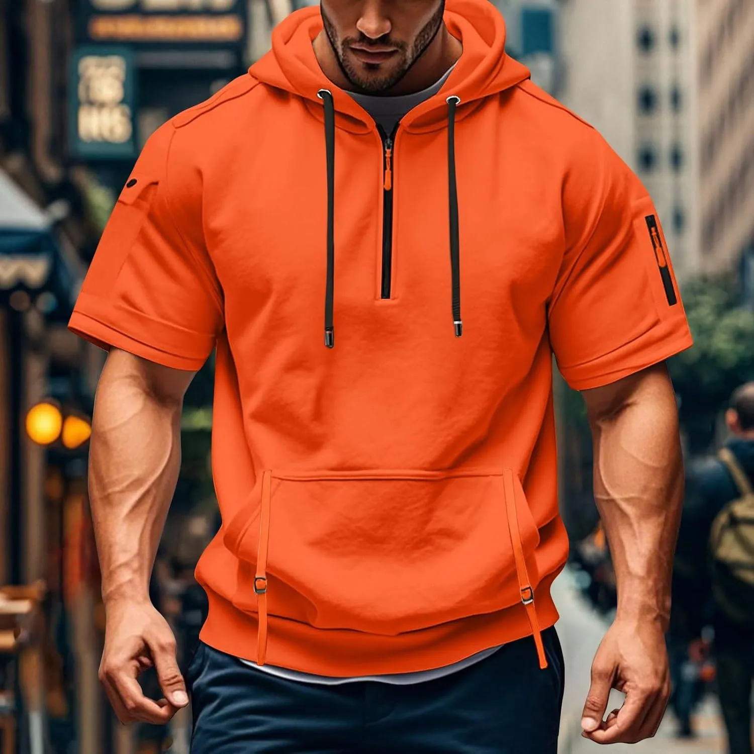 Mens Shirts Hoodies for Men Short Sleeve Quarter Zip Hoodie Lightweight Oversized Hooded Tshirts with Pocket