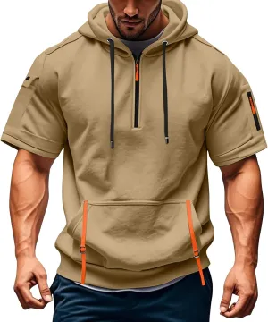 Mens Shirts Hoodies for Men Short Sleeve Quarter Zip Hoodie Lightweight Oversized Hooded Tshirts with Pocket