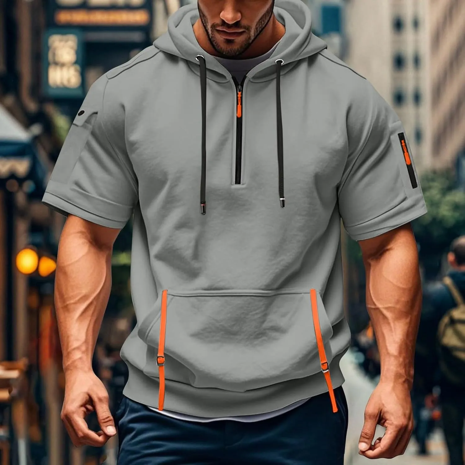Mens Shirts Hoodies for Men Short Sleeve Quarter Zip Hoodie Lightweight Oversized Hooded Tshirts with Pocket
