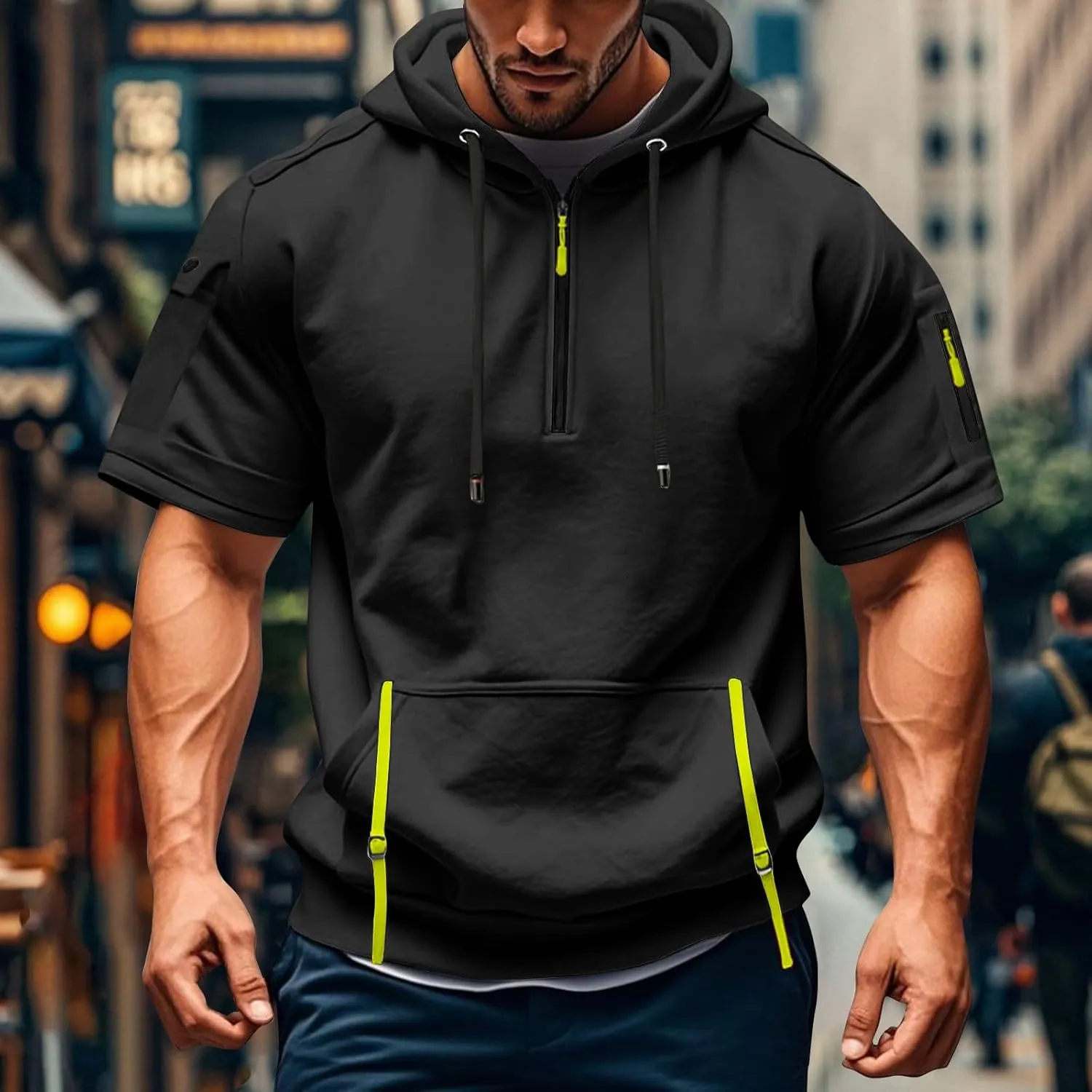 Mens Shirts Hoodies for Men Short Sleeve Quarter Zip Hoodie Lightweight Oversized Hooded Tshirts with Pocket