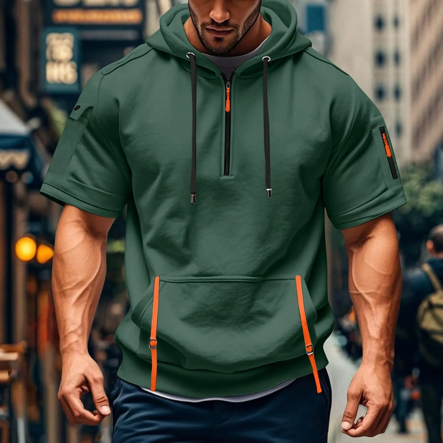 Mens Shirts Hoodies for Men Short Sleeve Quarter Zip Hoodie Lightweight Oversized Hooded Tshirts with Pocket