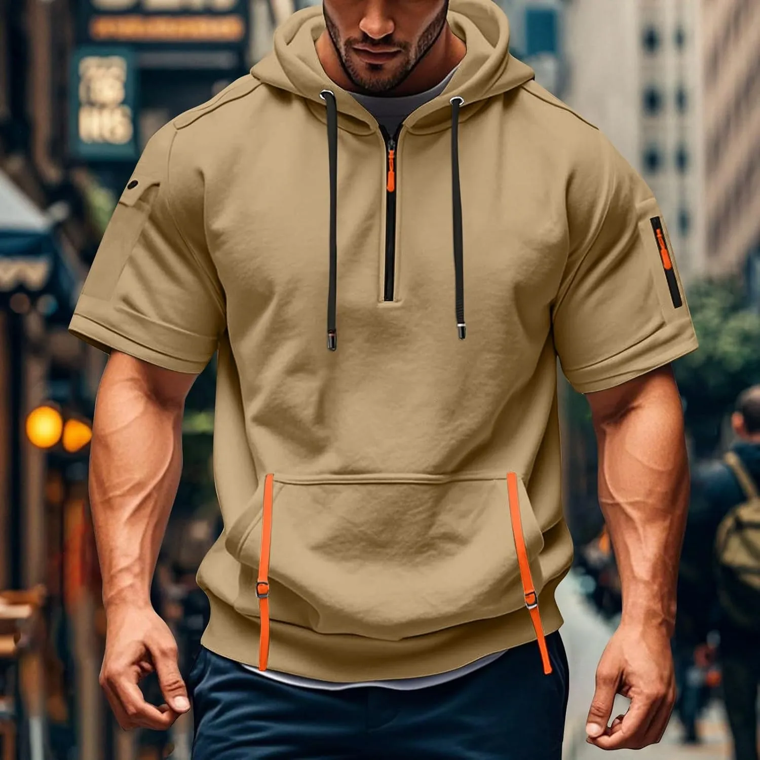 Mens Shirts Hoodies for Men Short Sleeve Quarter Zip Hoodie Lightweight Oversized Hooded Tshirts with Pocket