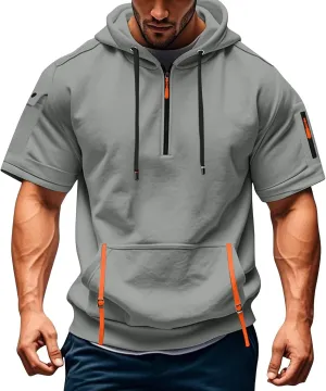 Mens Shirts Hoodies for Men Short Sleeve Quarter Zip Hoodie Lightweight Oversized Hooded Tshirts with Pocket