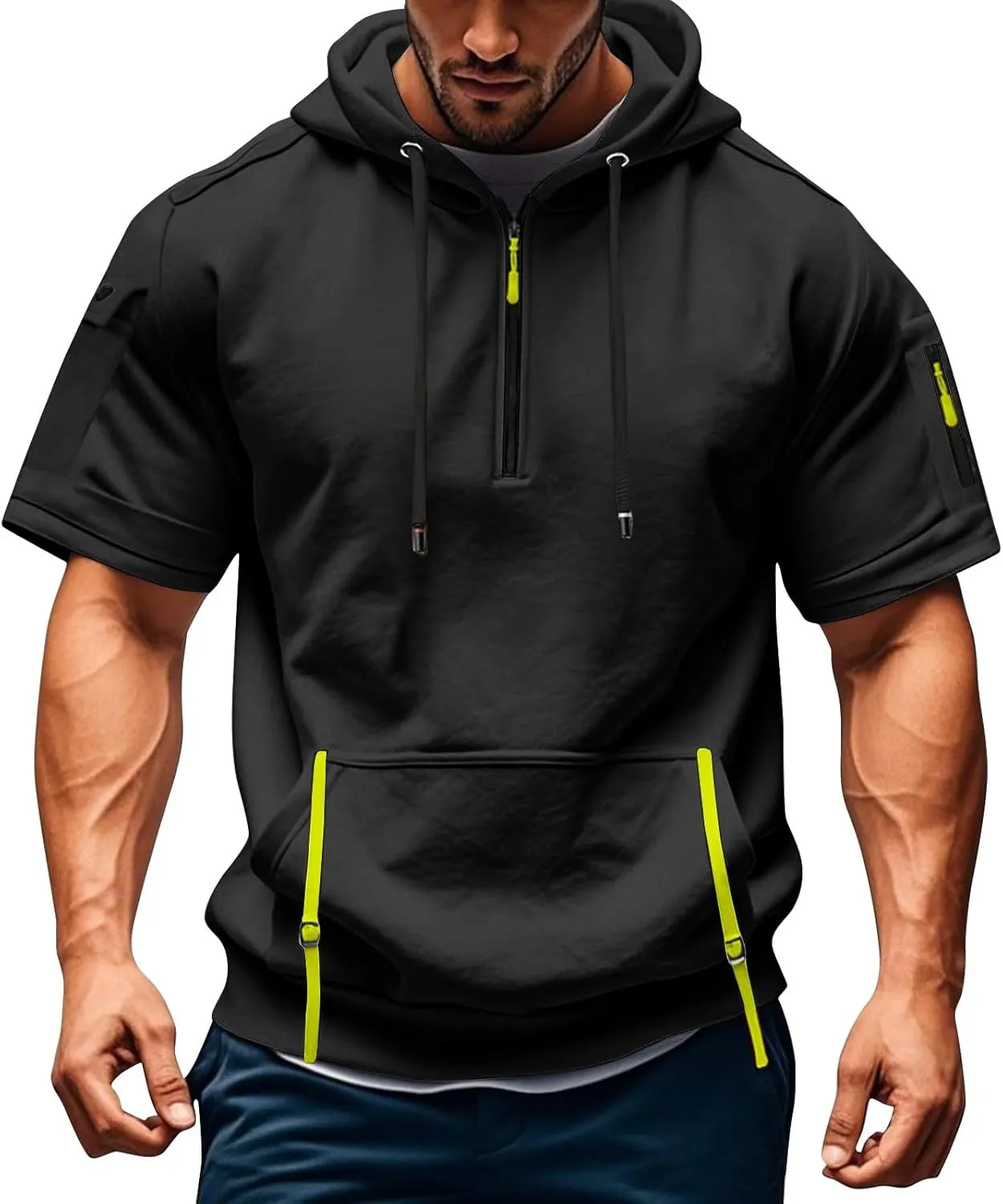 Mens Shirts Hoodies for Men Short Sleeve Quarter Zip Hoodie Lightweight Oversized Hooded Tshirts with Pocket
